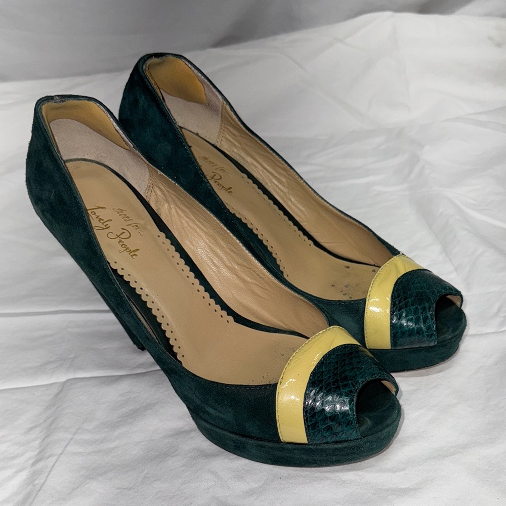 Green and Yellow suede and leather Peep Toe Heels